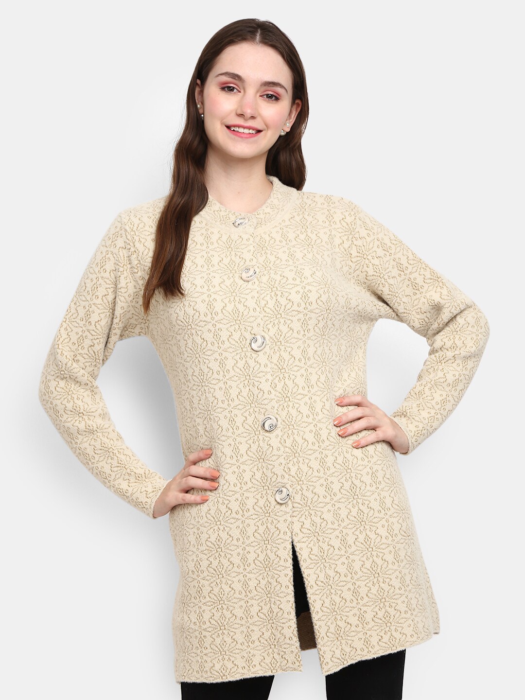 

V-Mart Women Beige Floral Mandarin Collar Cardigan