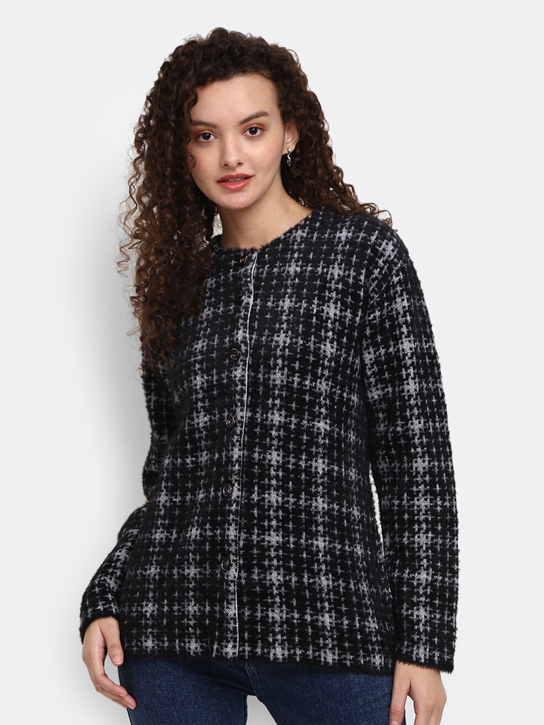 

V-Mart Women Black Self Design Round Neck Cardigan