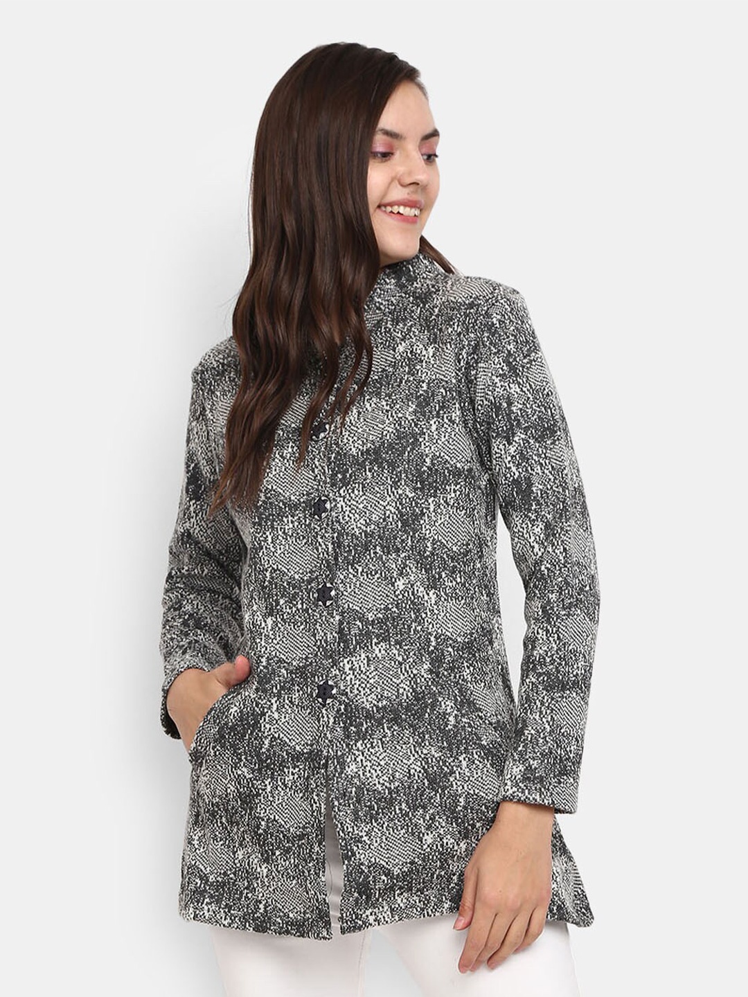 

V-Mart Women Grey & White Printed Longline Acrylic Cardigan