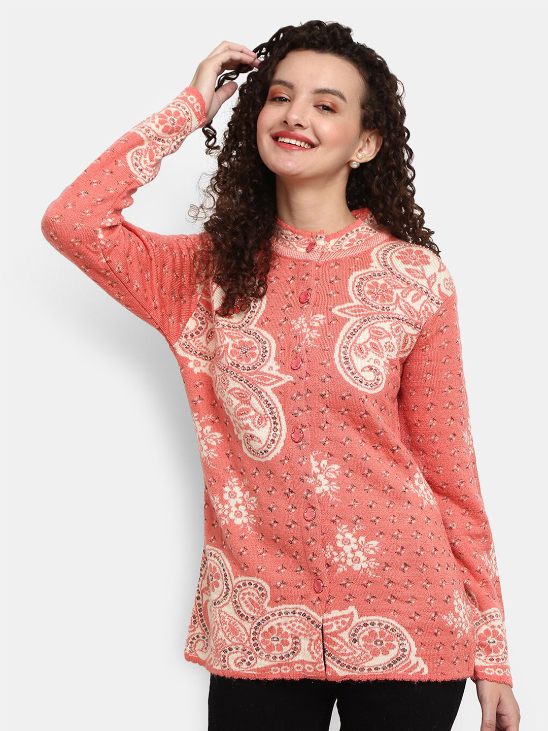 

V-Mart Women Coral Self Design Round Neck Cardigan