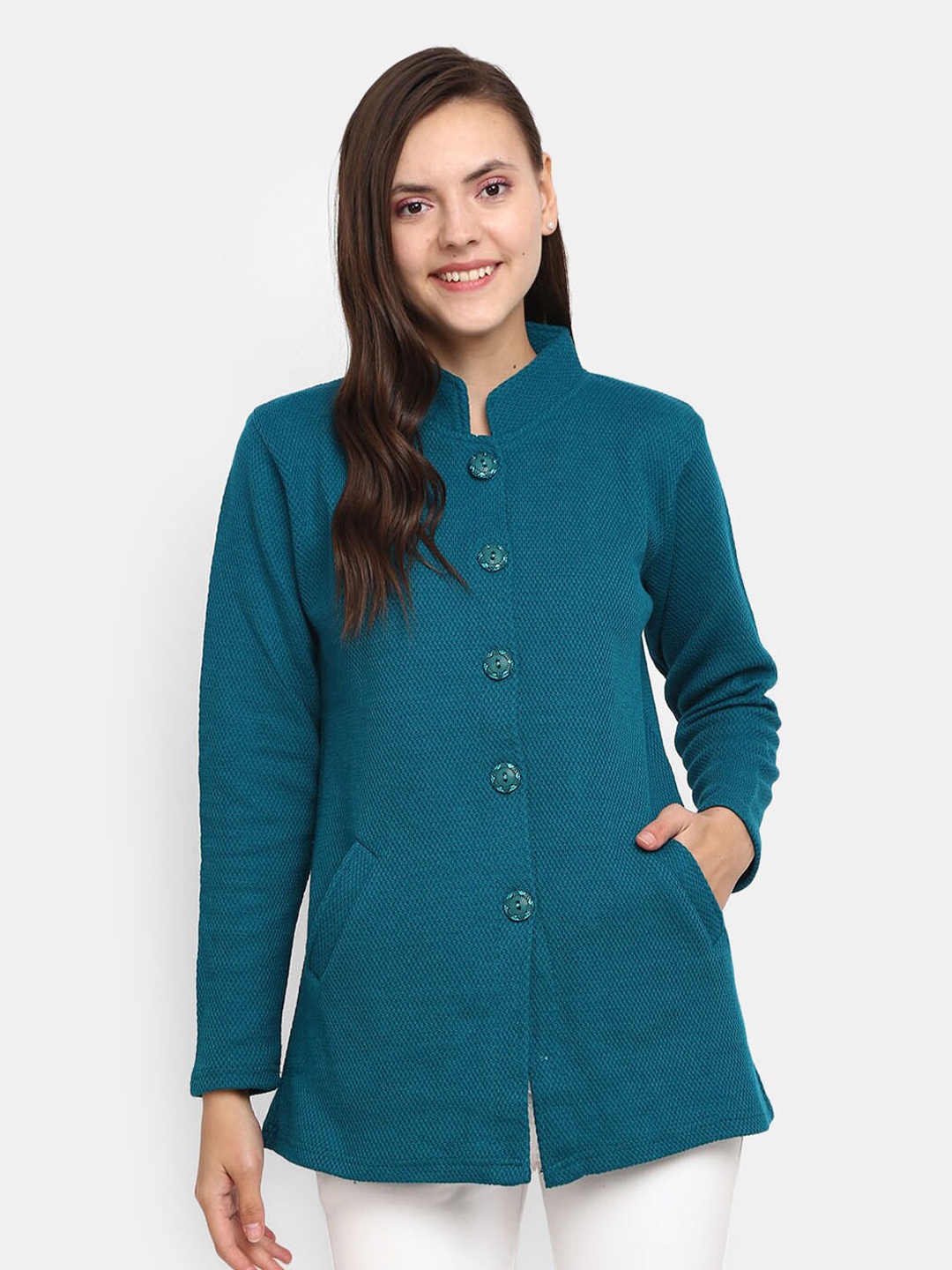 

V-Mart Women Teal Green Longline Acrylic Cardigan Sweaters
