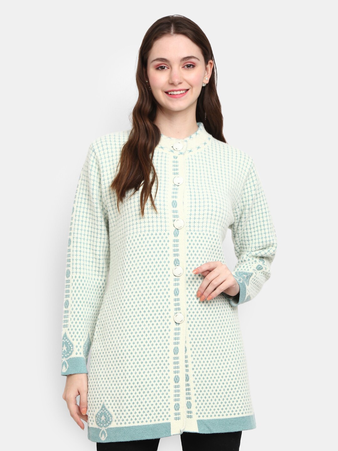 

V-Mart Women White & Sea Green Longline Acrylic Cardigan