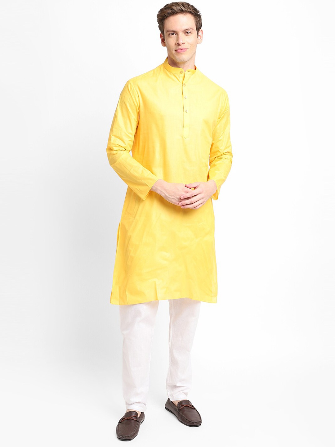 

DEVOILER Men Yellow & White Solid Cotton Blend Kurta with Pyjamas