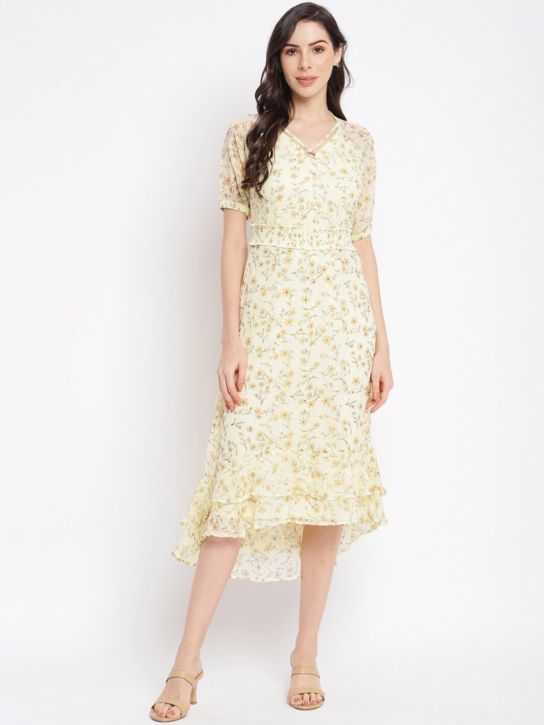 

Latin Quarters Yellow & Off White Floral A-Line Midi Dress