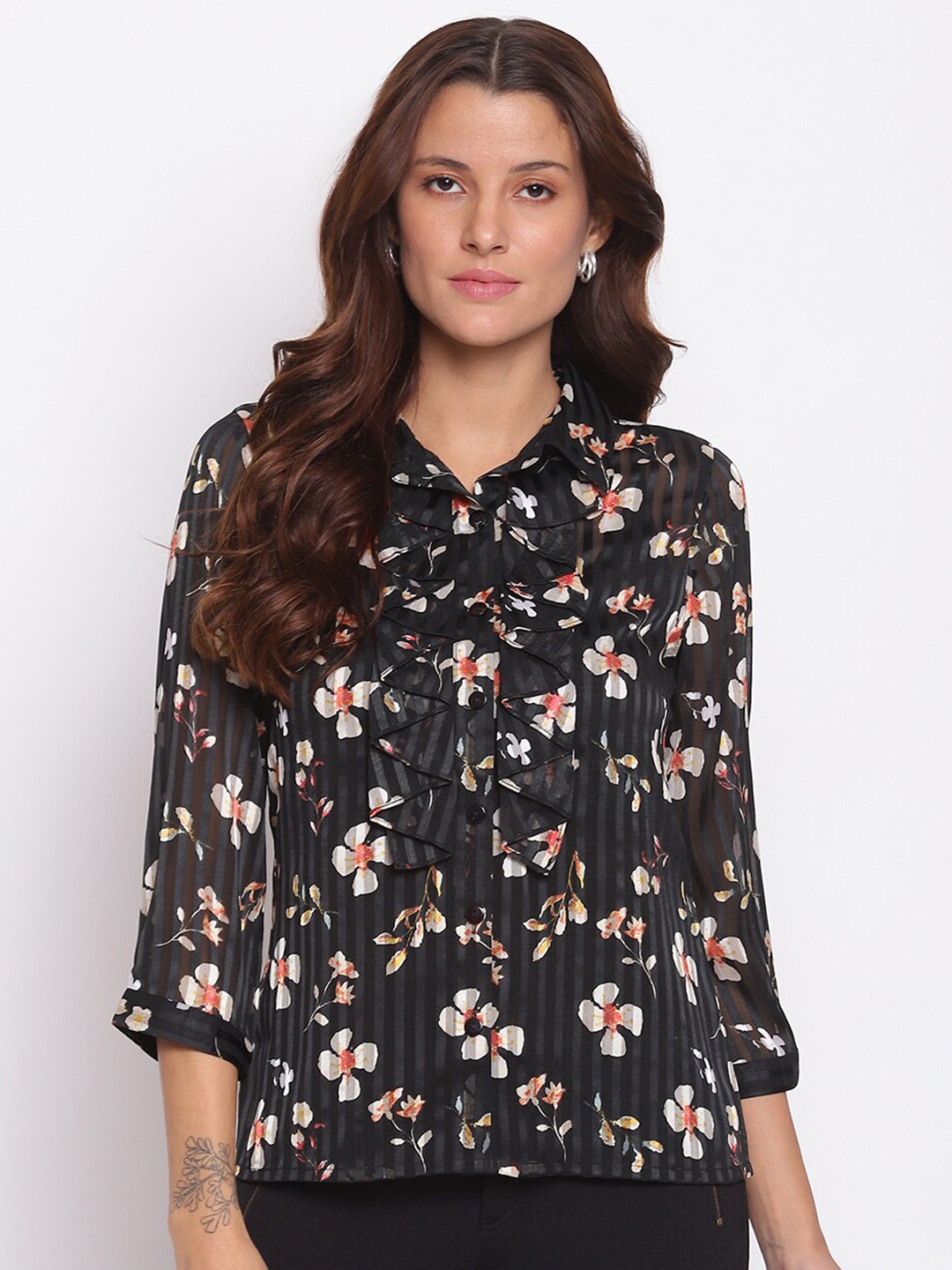 

Latin Quarters Black Floral Print Shirt Style Top