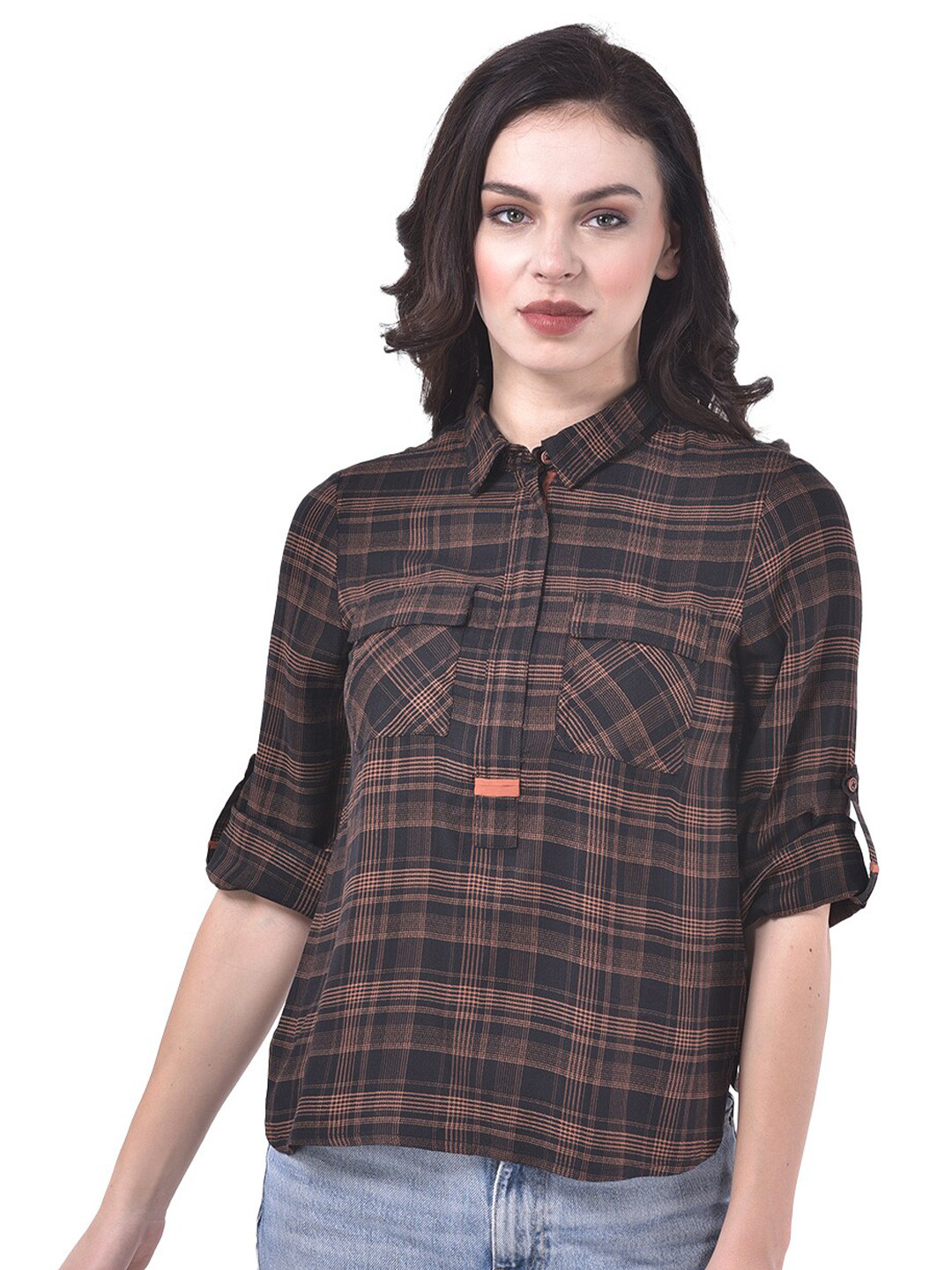 

Latin Quarters Brown Checked Roll-Up Sleeves Shirt Style Top