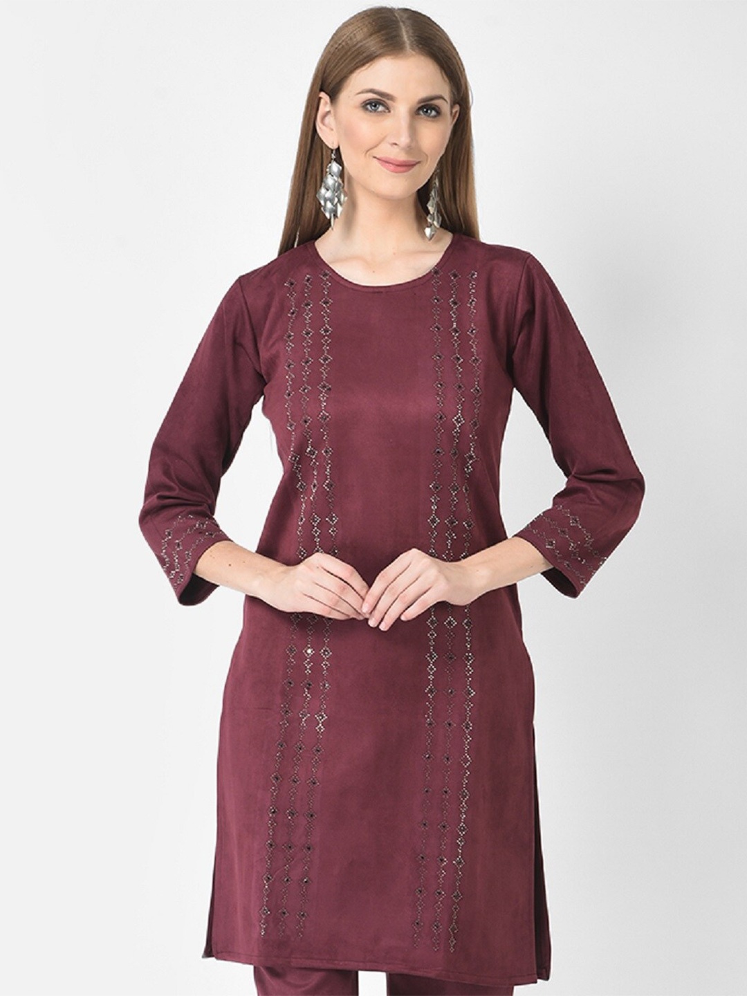 

FNOCKS Maroon Geometric Embellished Velvet Straight Fit Kurti