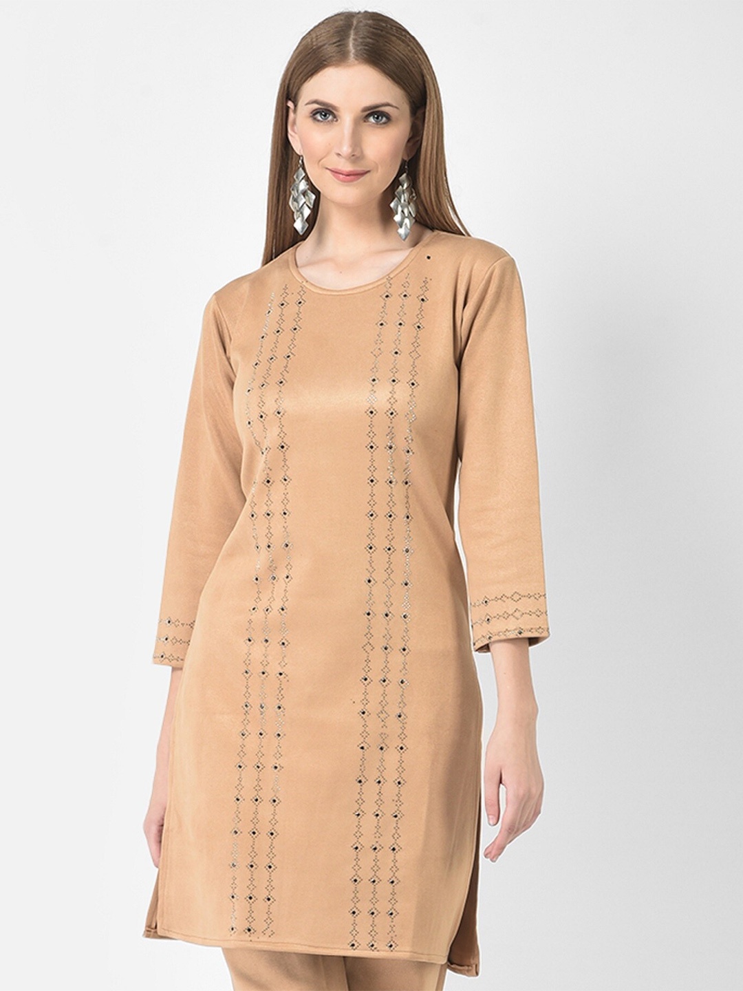 

FNOCKS Beige & Black Geometric Embellished Straight Fit Kurti