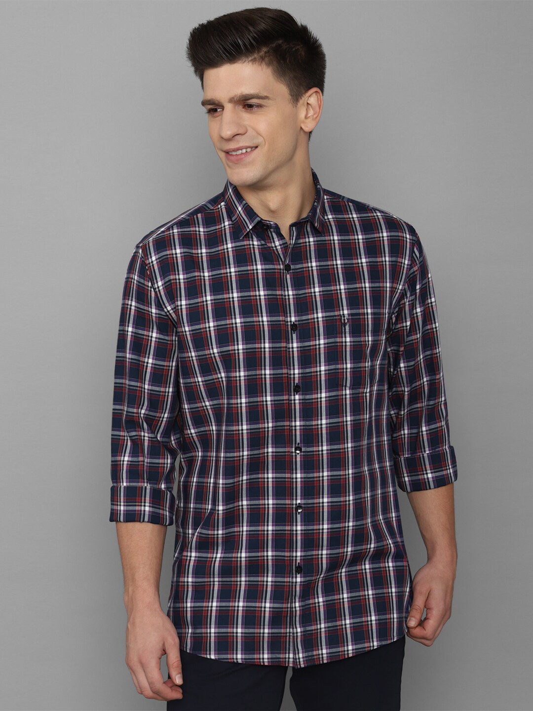 

Allen Solly Men Navy Blue Tartan Checks Pure Cotton Slim Fit Casual Shirt