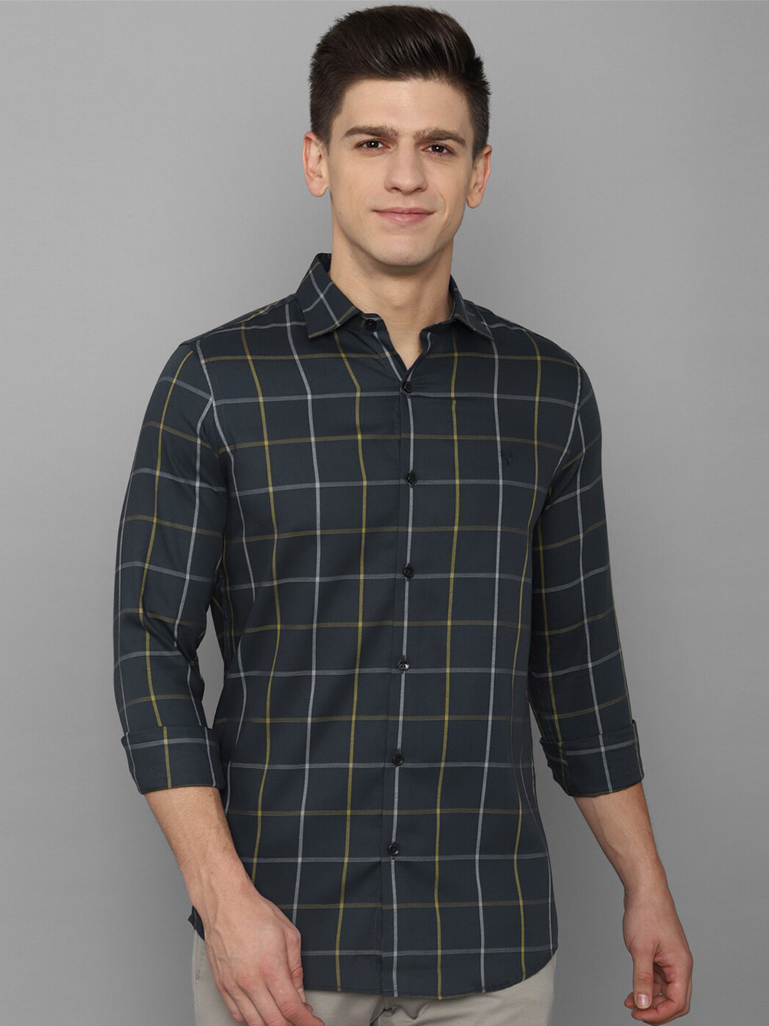 

Allen Solly Men Grey Windowpane Checks Pure Cotton Slim Fit Casual Shirt