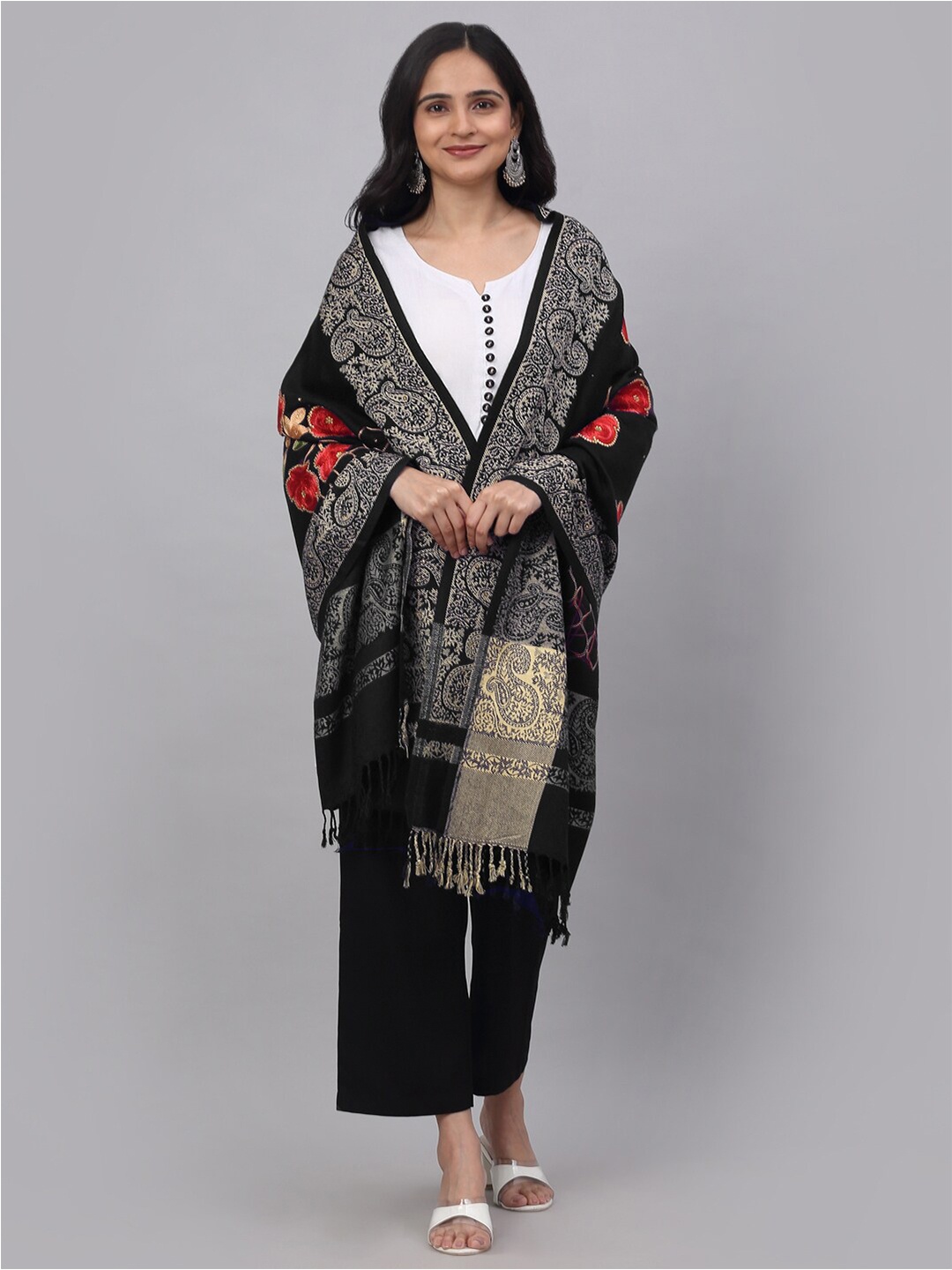 

KLOTTHE Women Black & Coral Embroidered Woolen Stole