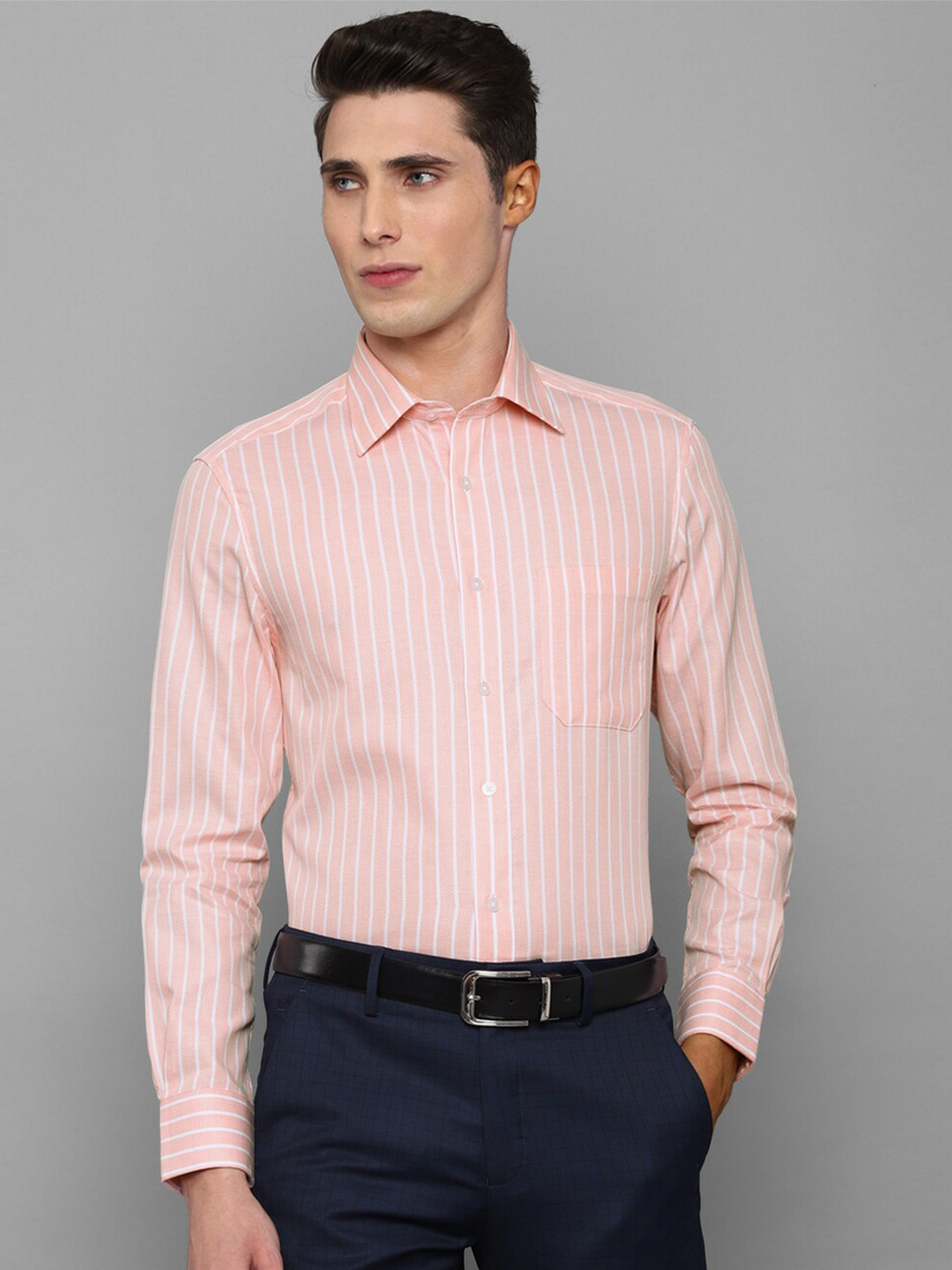 

Louis Philippe Men Peach-Coloured Striped Formal Cotton Shirt