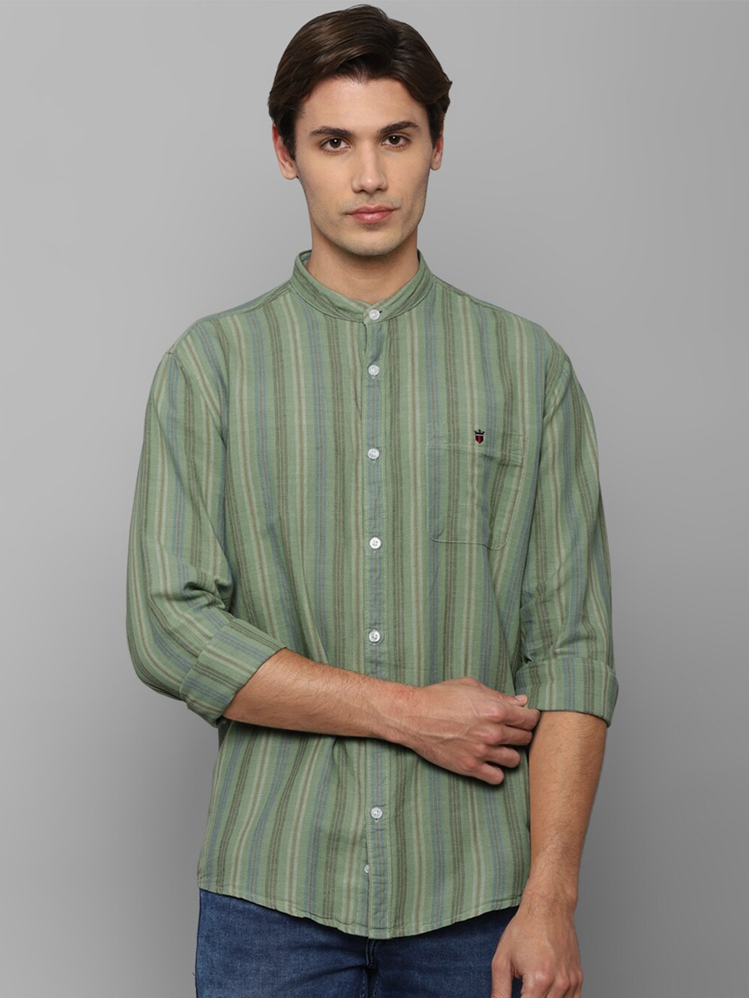 

Louis Philippe Jeans Men Slim Fit Striped Casual Linen Shirt, Green