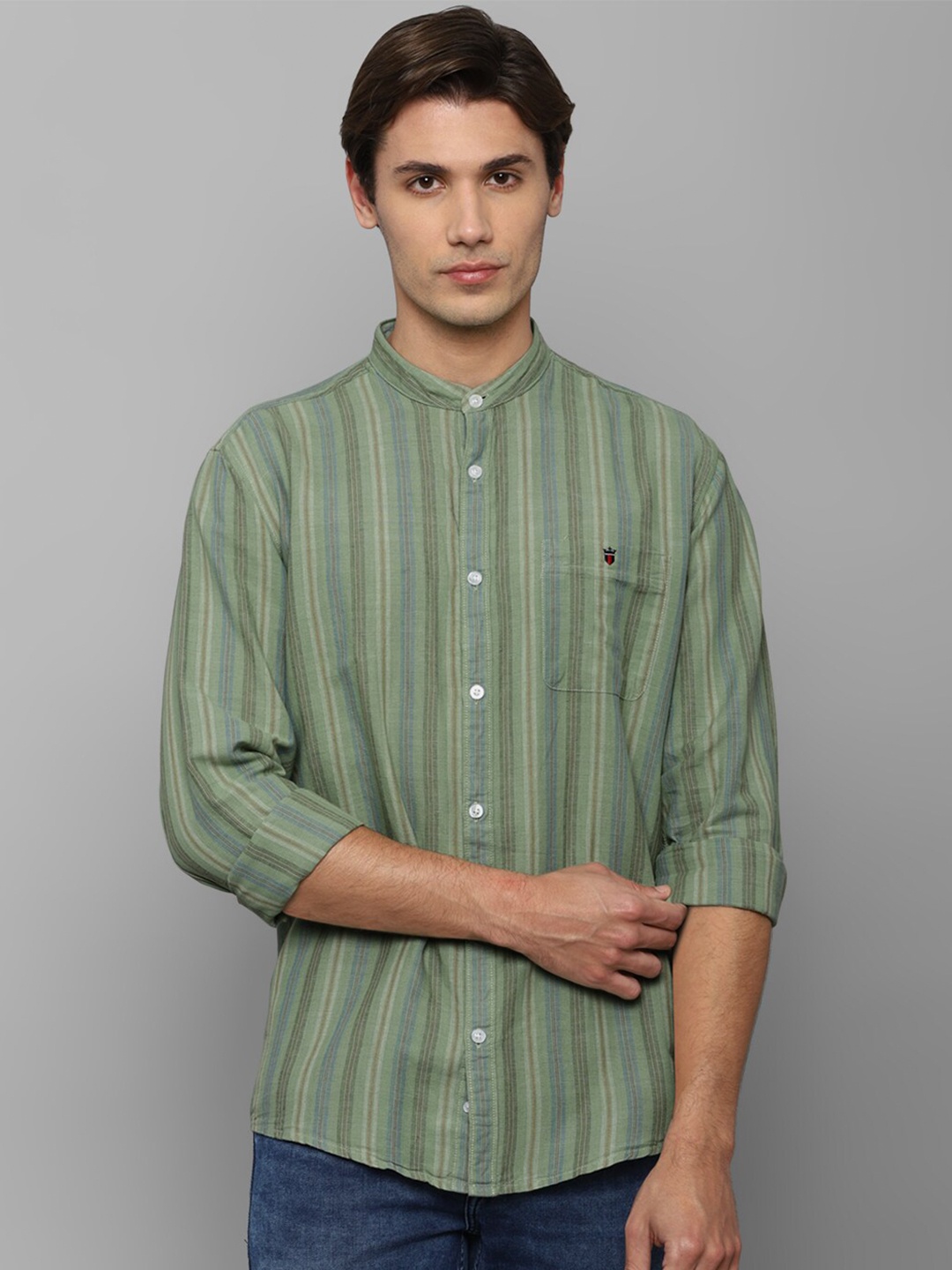 

Louis Philippe Jeans Men Olive Green Slim Fit Striped Linen Casual Shirt