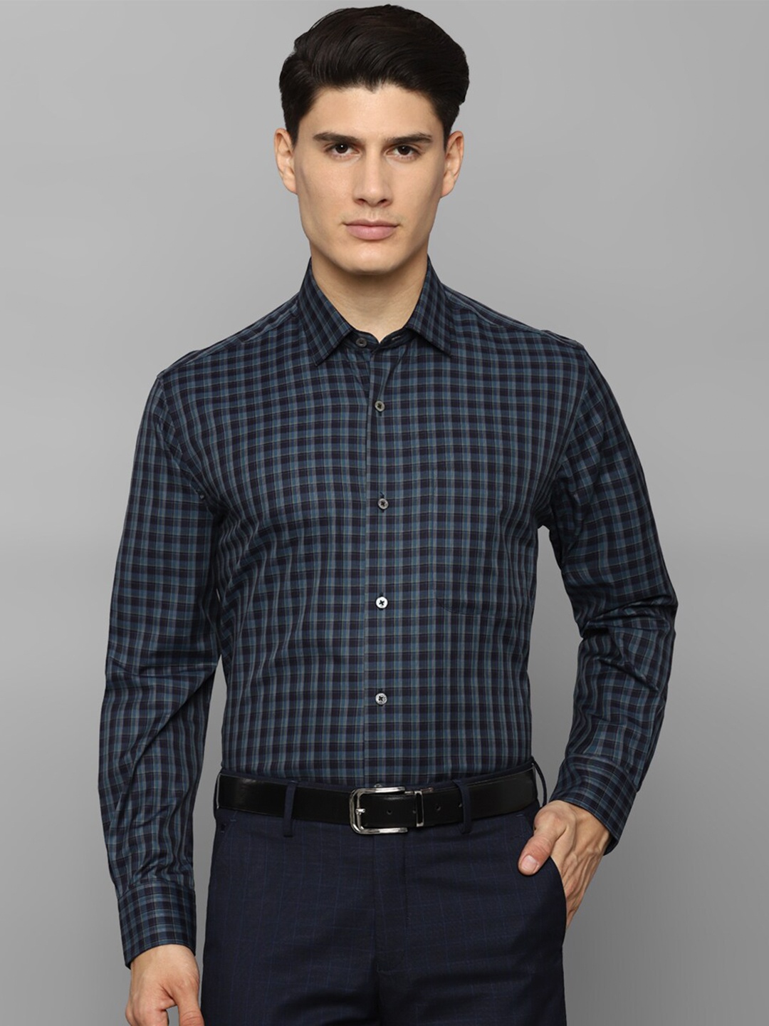 

Luxure by Louis Philippe Men Navy Blue Checked Cotton Formal Shirt
