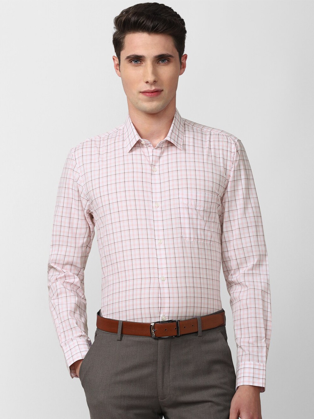 

Peter England Men Pink Slim Fit Grid Tattersall Checked Formal Shirt
