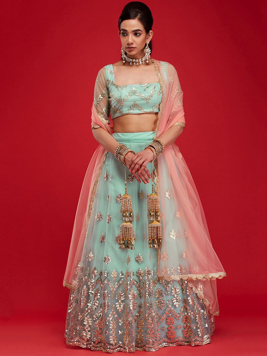 

6Y COLLECTIVE Turquoise Blue & Pink Embroidered Sequinned Semi-Stitched Lehenga & Unstitched Blouse With