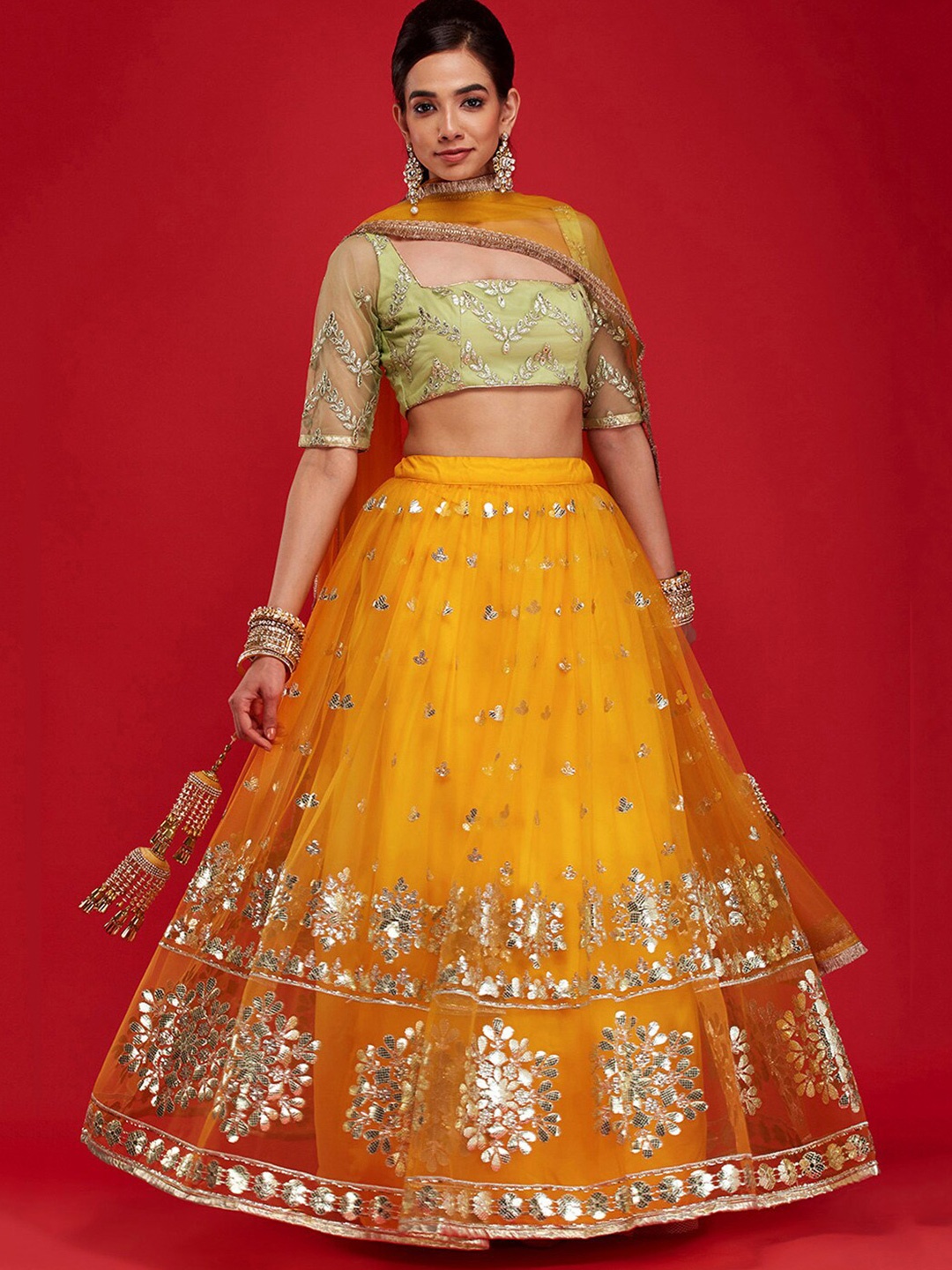 

6Y COLLECTIVE Women Mustard & Green Embellished Semi-Stitched Lehenga Choli With Dupatta