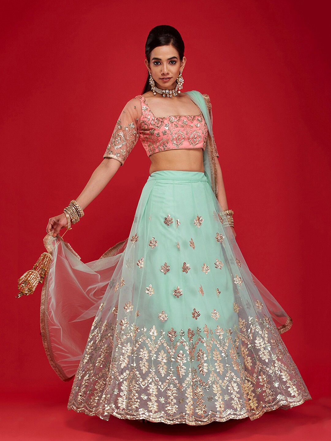 

6Y COLLECTIVE Turquoise Blue & Pink Embroidered Sequinned Semi-Stitched Lehenga & Unstitched Blouse With