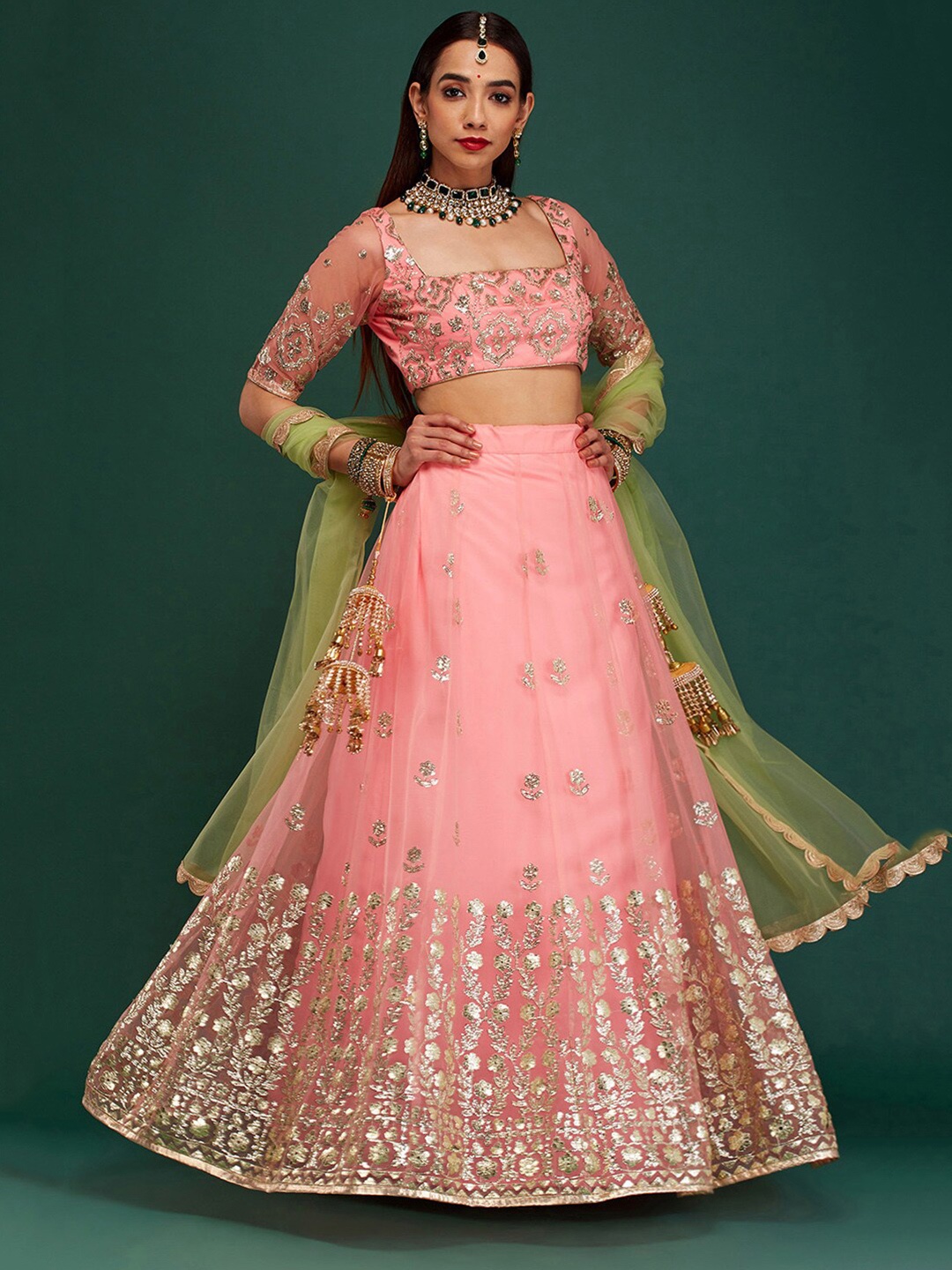 

6Y COLLECTIVE Women Peach & Green Embellished Semi-Stitched Lehenga Choli With Dupatta