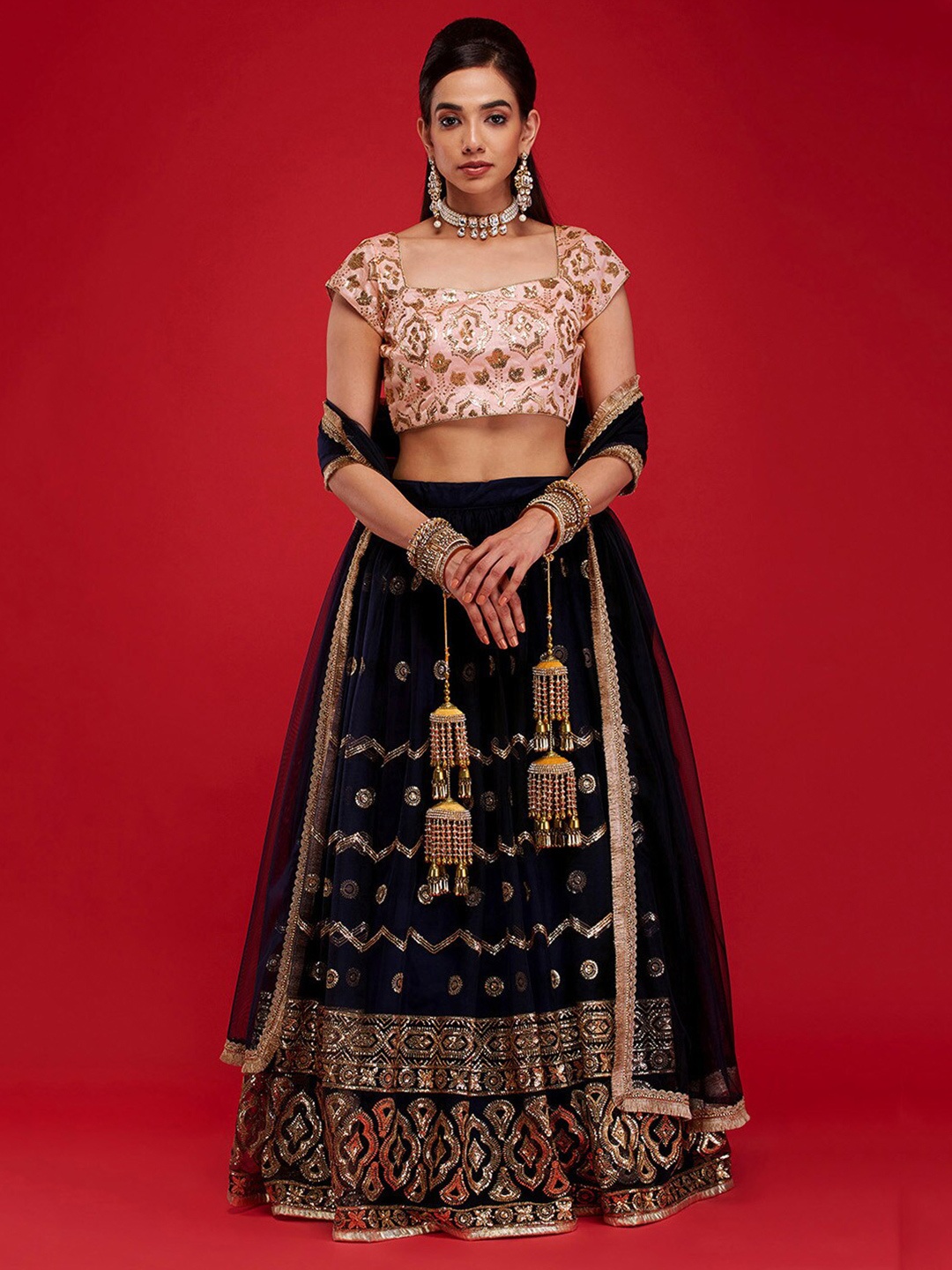 

6Y COLLECTIVE Women Navy Blue & Peach Embellished Semi-Stitched Lehenga Choli With Dupatta