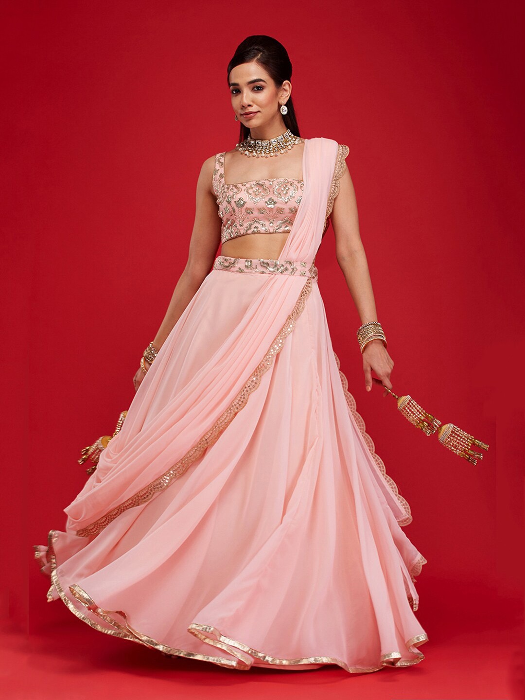 

6Y COLLECTIVE Women Champagne & Gold Embellished Semi-Stitched Lehenga Choli With Dupatta