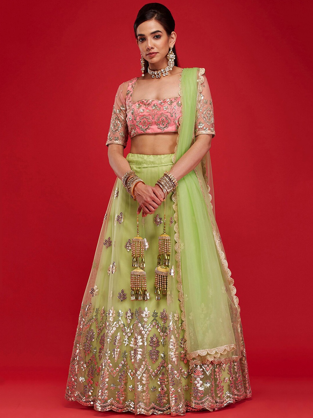 

6Y COLLECTIVE Lime Green & Pink Embellished Semi-Stitched Lehenga Choli With Dupatta