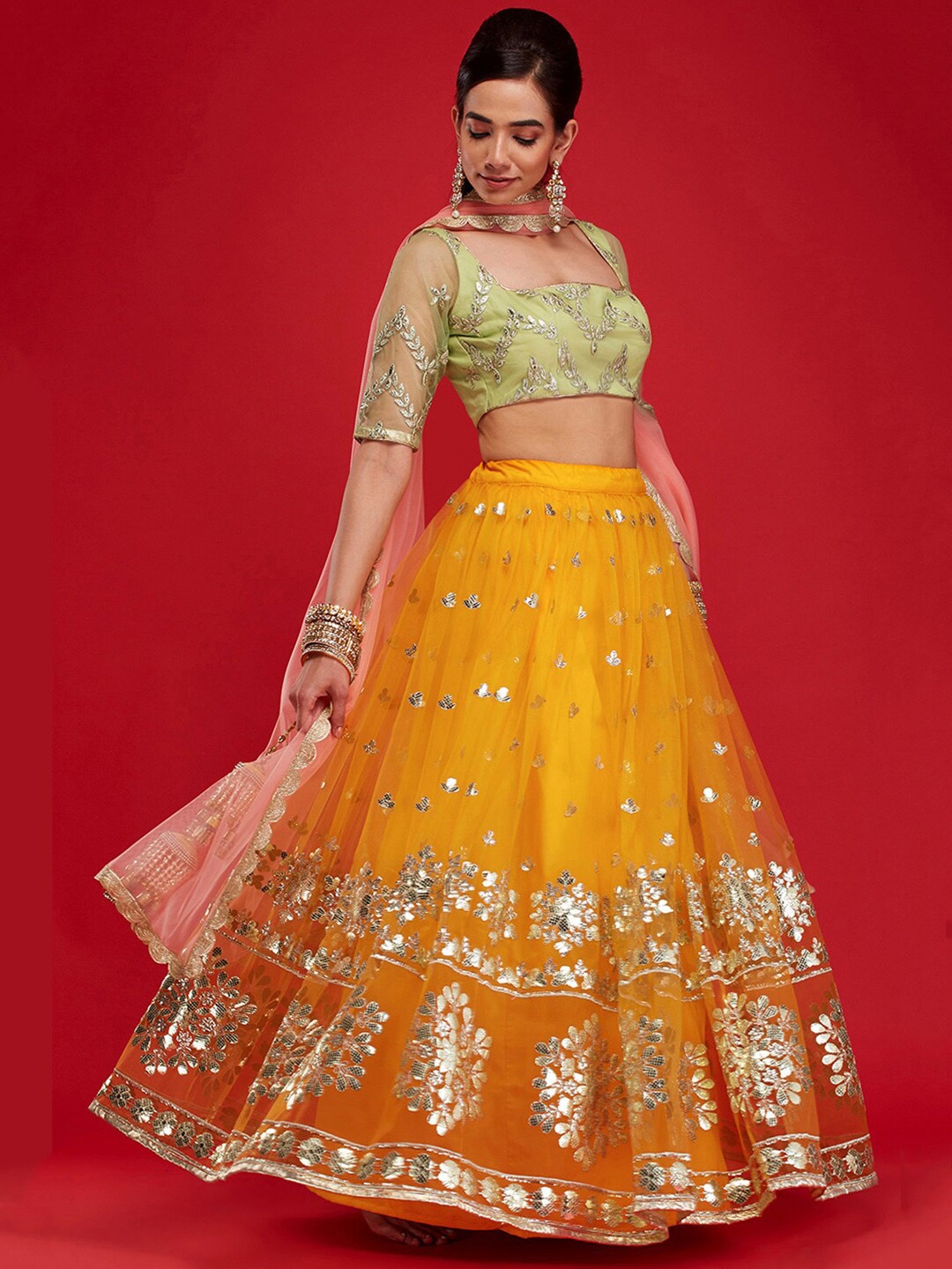 

6Y COLLECTIVE Mustard & Green Embellished Semi-Stitched Lehenga Choli With Dupatta