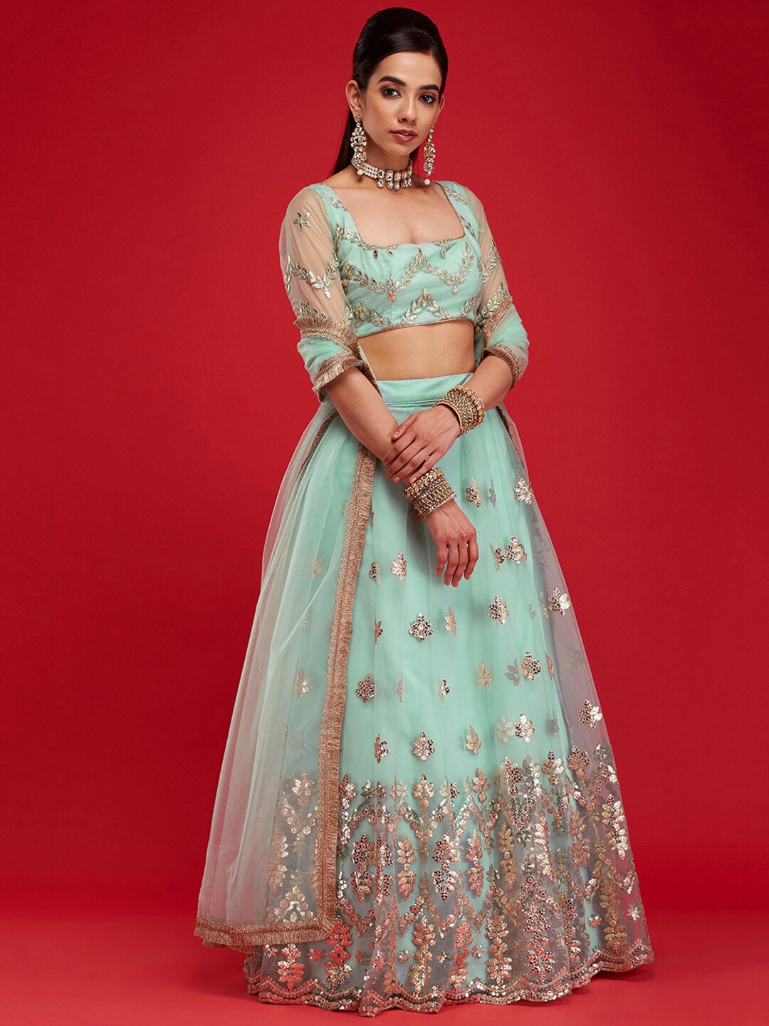 

6Y COLLECTIVE Women Turquoise Blue Embellished Semi-Stitched Lehenga Choli With Dupatta