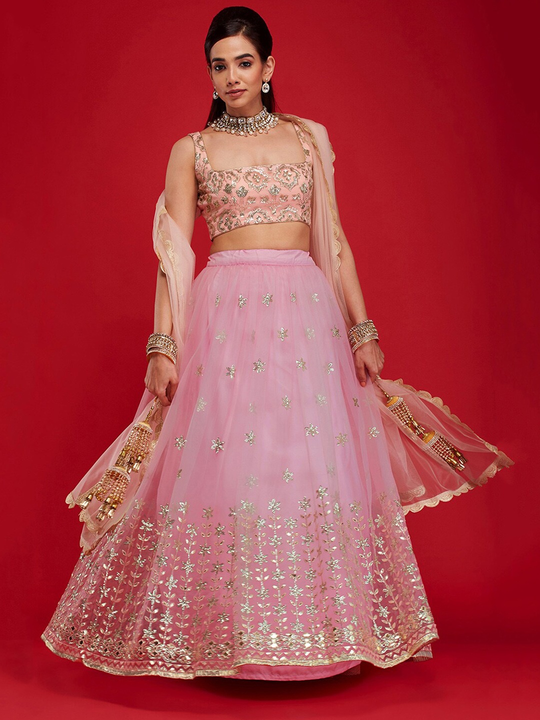 

6Y COLLECTIVE Women Pink & Gold-Toned Embellished Semi-Stitched Lehenga Choli With Dupatta