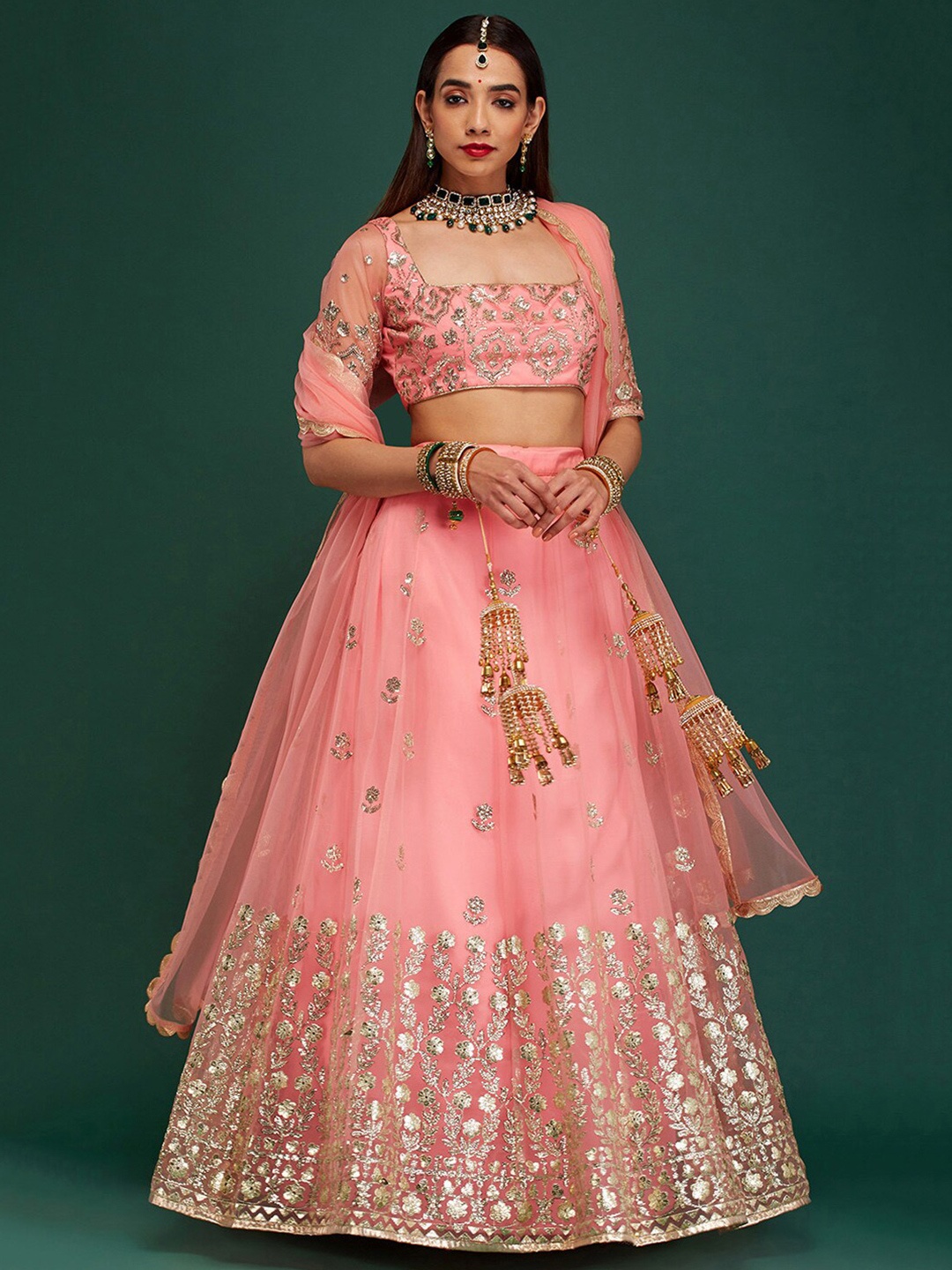 

6Y COLLECTIVE Women Peach & Gold-Toned Embellished Semi-Stitched Choli With Dupatta