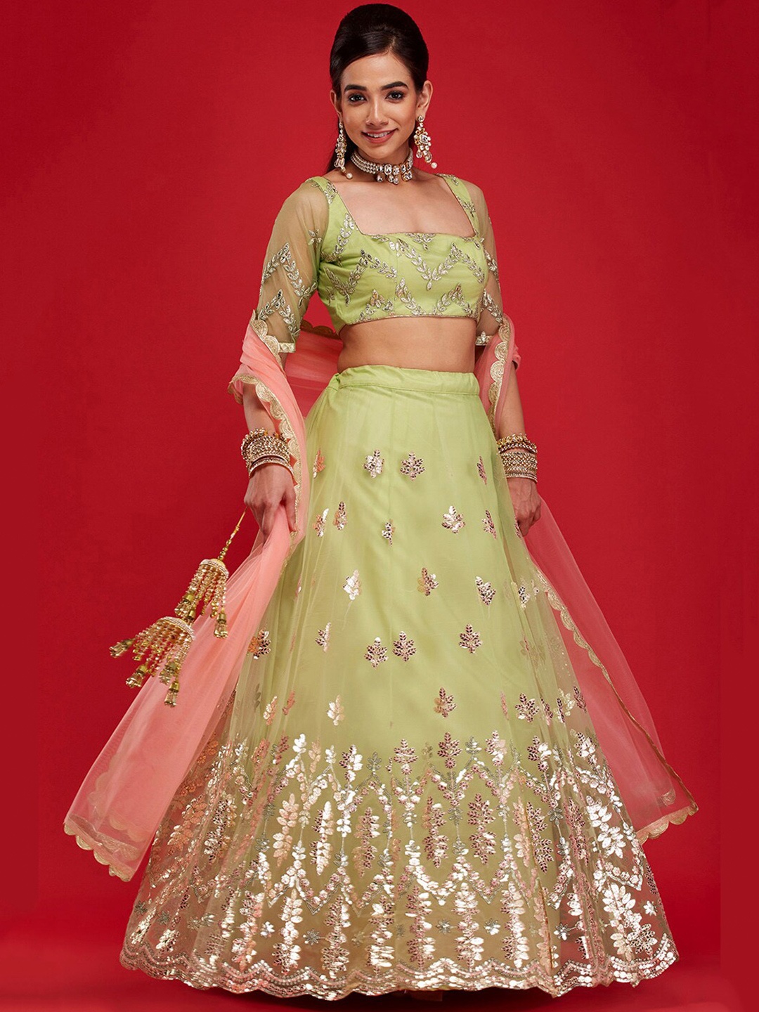 

6Y COLLECTIVE Women Lime Green & Pink Embellished Semi-Stitched Lehenga Choli With Dupatta