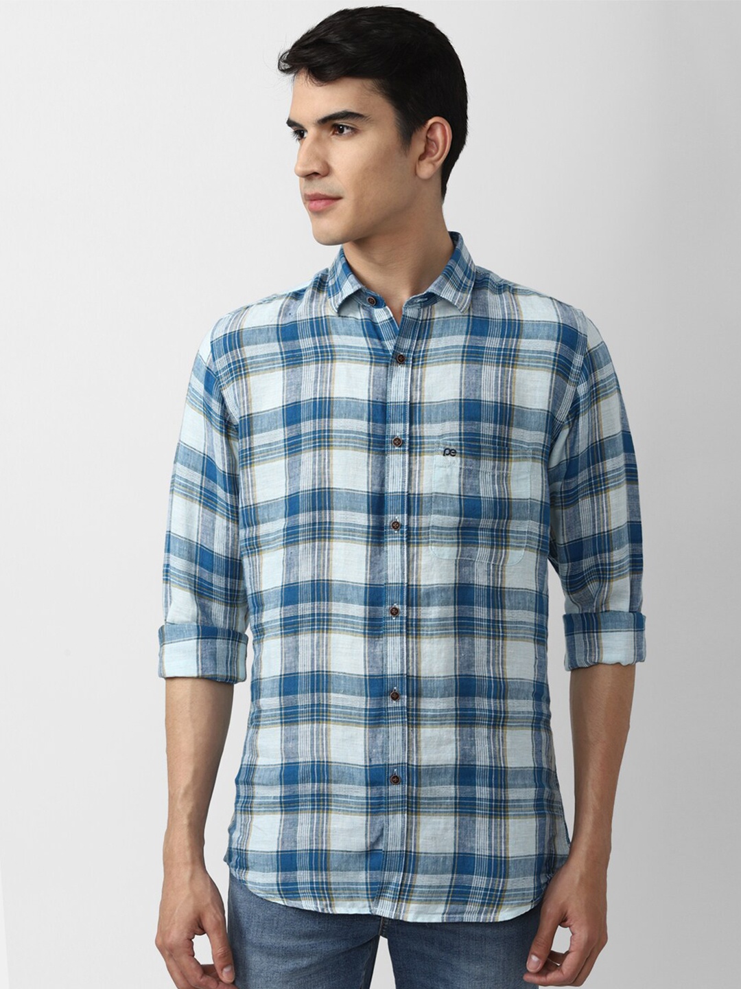 

Peter England Casuals Men Slim Fit Tartan Checked Casual Linen Shirt, Blue
