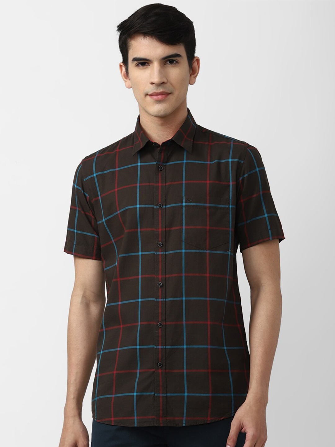 

Peter England Casuals Men Slim Fit Checked Casual Cotton Shirt, Brown