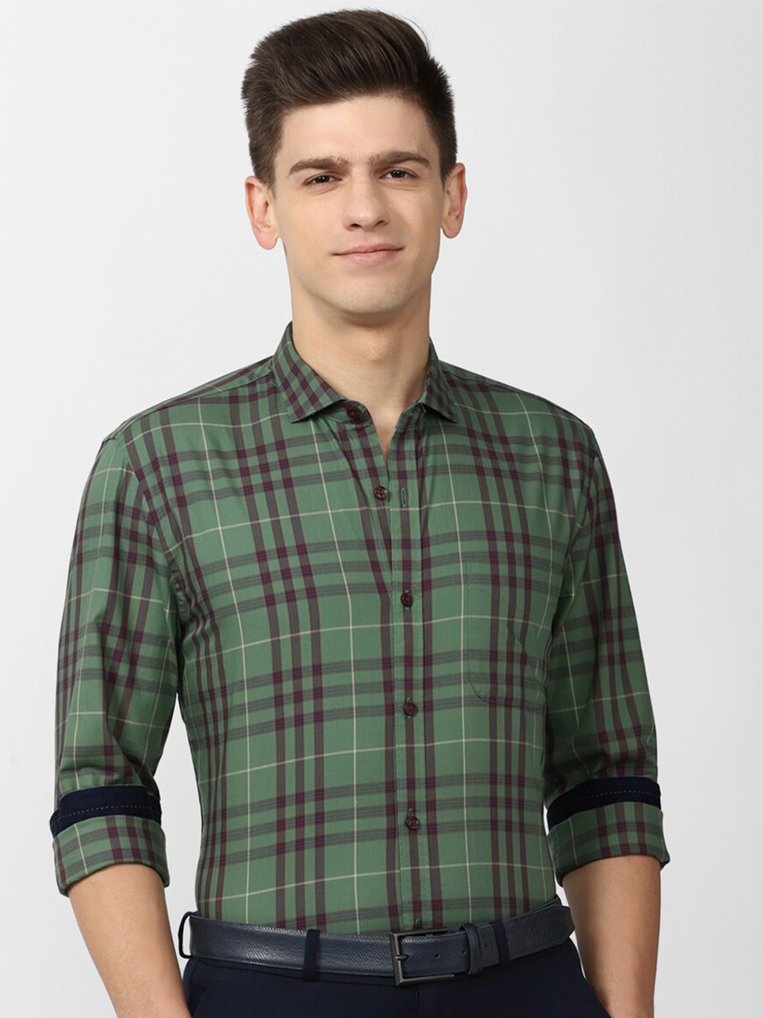 

Peter England Elite Men Slim Fit Tartan Checked Casual Cotton Shirt, Green