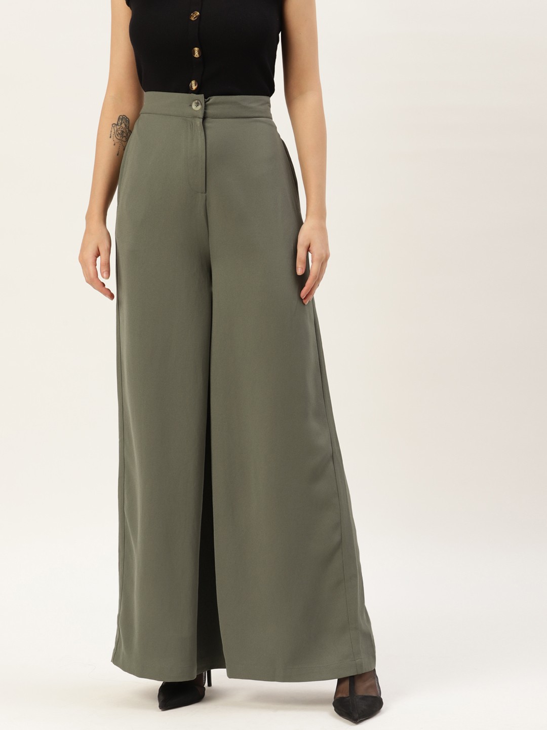 

Rue Collection Women Olive Green Solid High-Rise Parallel Trousers