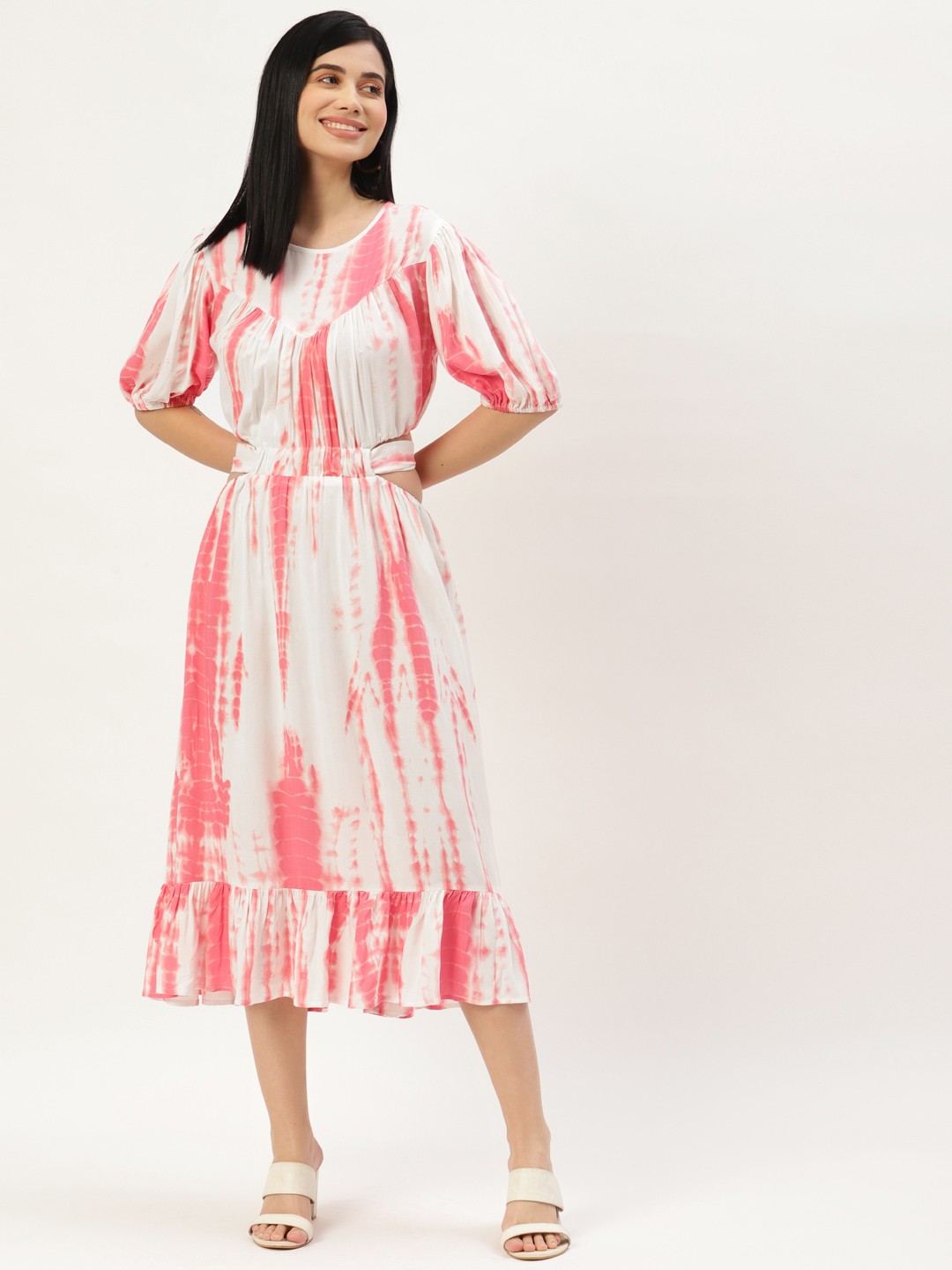 

Rue Collection Women White & Pink Tie and Dye A-Line Midi Dress
