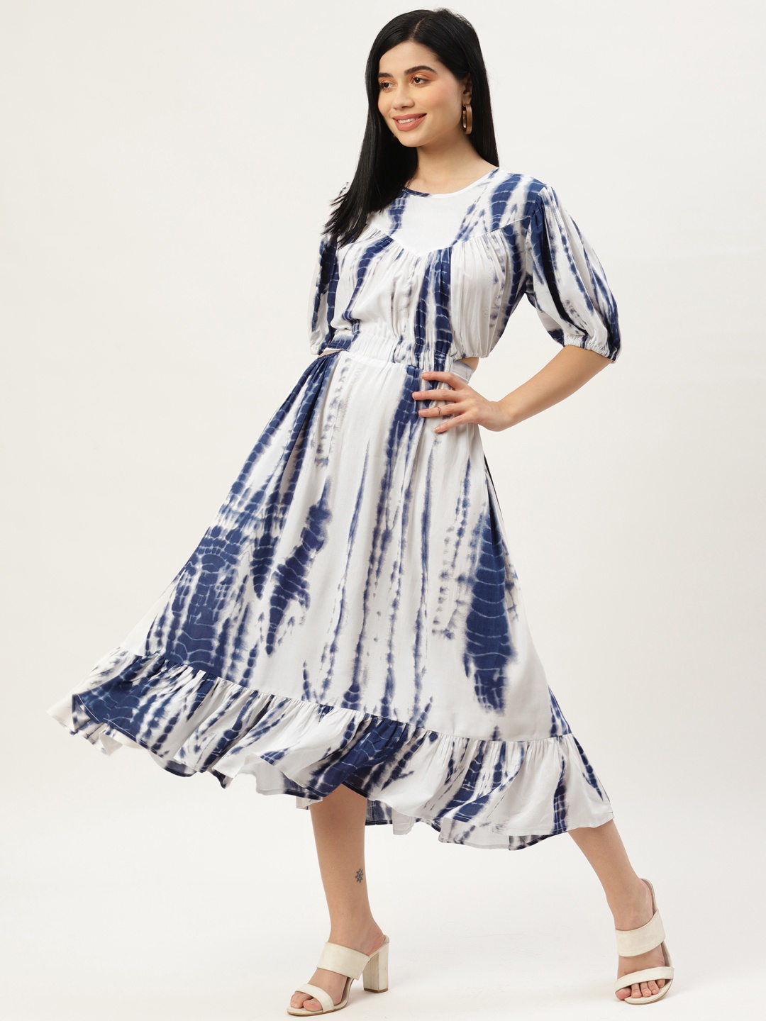 

Rue Collection Women White & Blue Tie and Dye A-Line Midi Dress