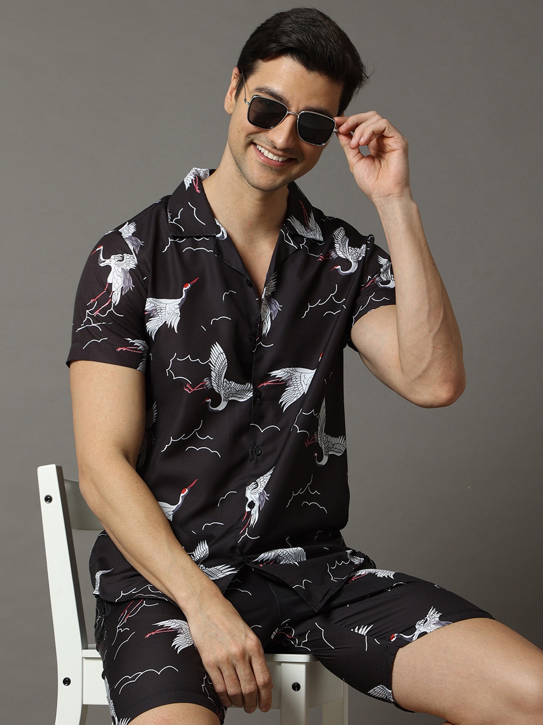 

Bushirt Men Black & White Printed Nightsuit