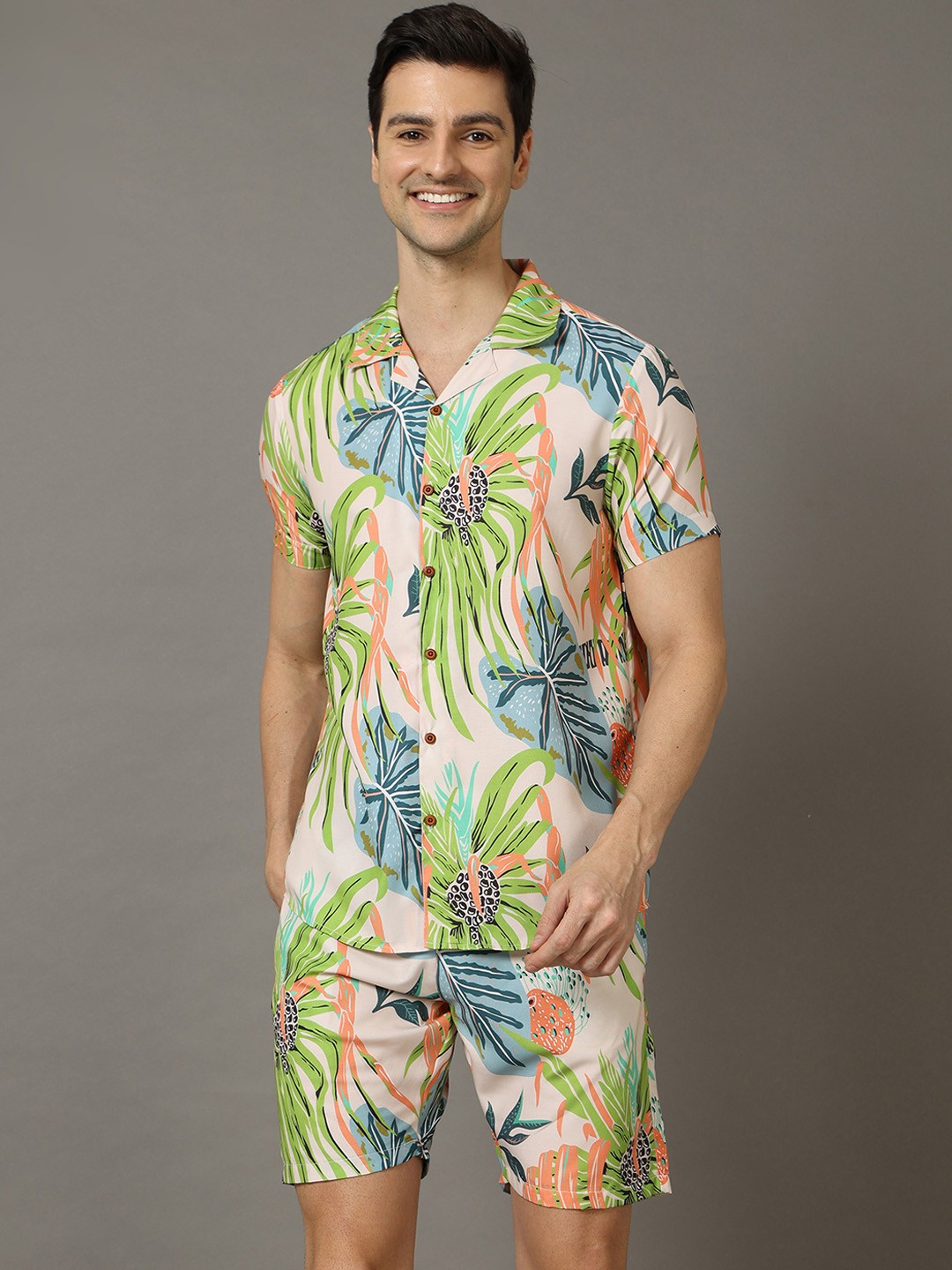 

Bushirt Men Cream-Coloured & Peach-Coloured Printed Nightsuit