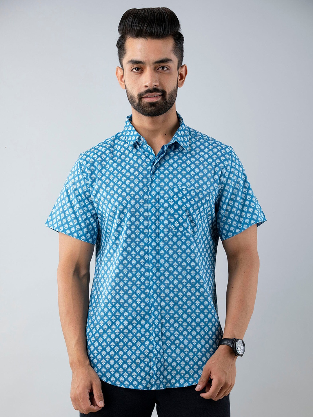 

Sutidora Men Classic Cotton Printed Casual Shirt, Turquoise blue