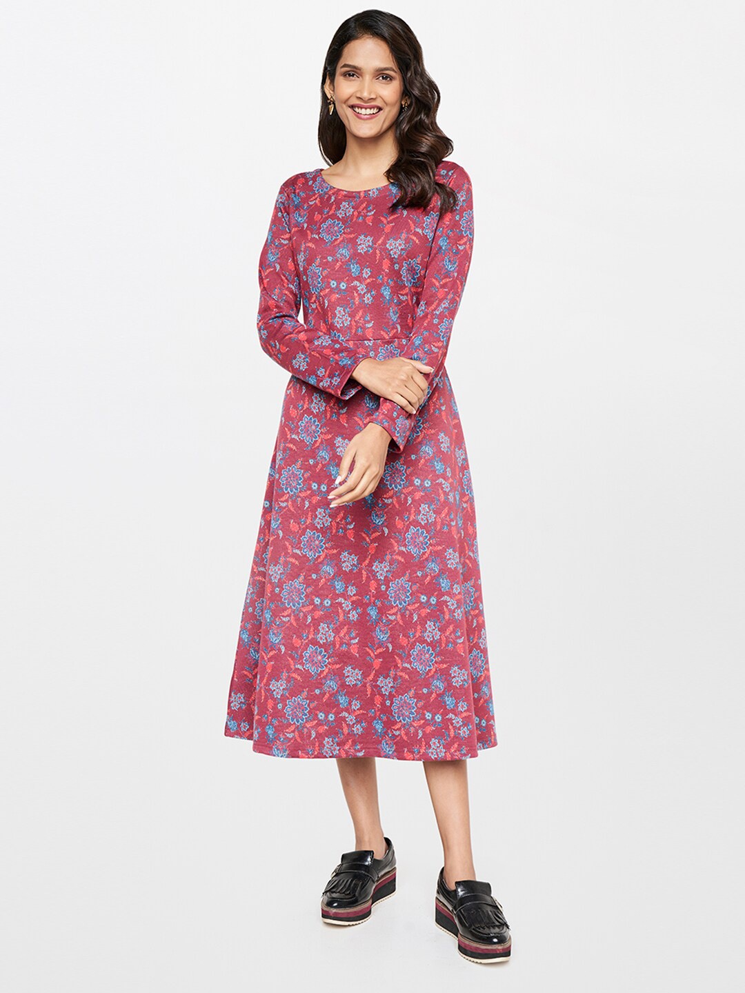 

itse Pink & Blue Floral A-Line Midi Dress, Maroon