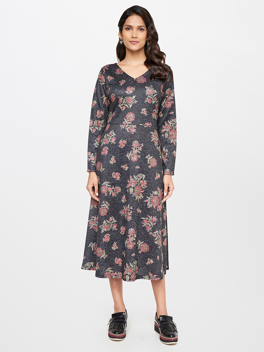 

itse Grey & Red Floral A-Line Midi Dress