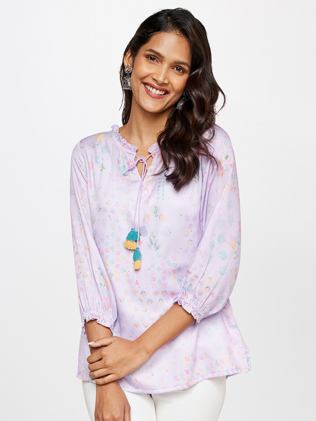 

itse Pink Print Tie-Up Neck Top