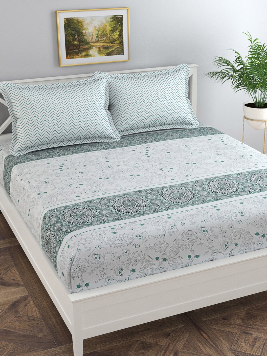 

Florida White & Green Ethnic Motifs 144 TC King Bedsheet with 2 Pillow Covers