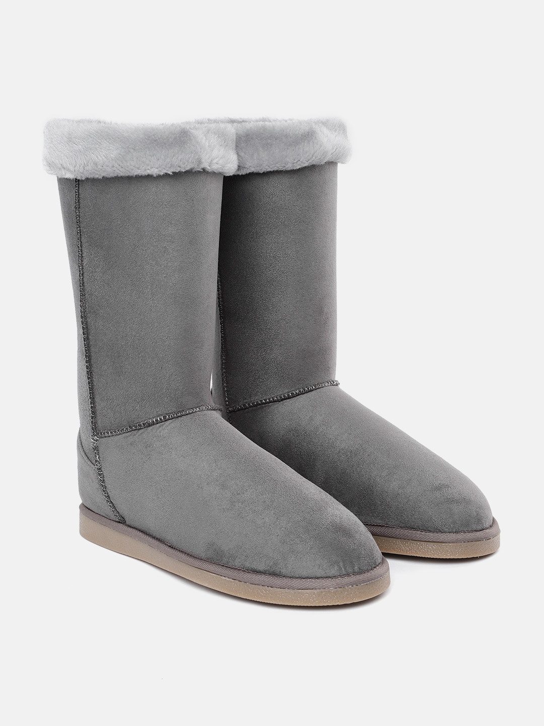 

Carlton London Women Grey High-Top Flat Winter Boots with Faux Fur Trim Detail