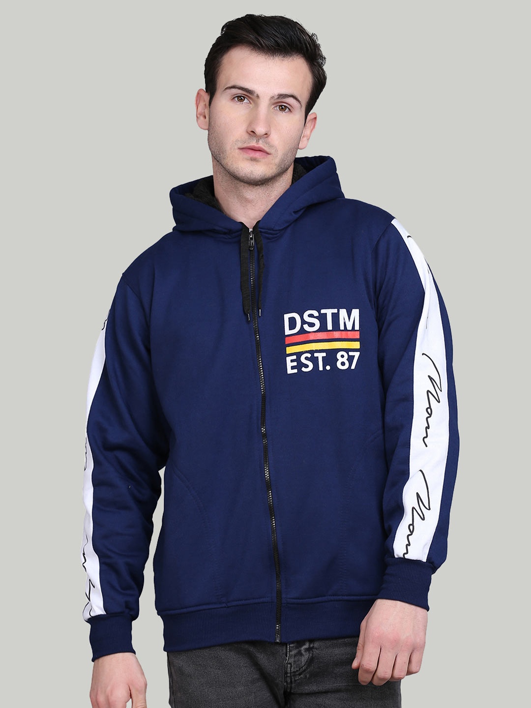 

ahhaaaa Men Navy Blue Printed Hooded Sweatshirt