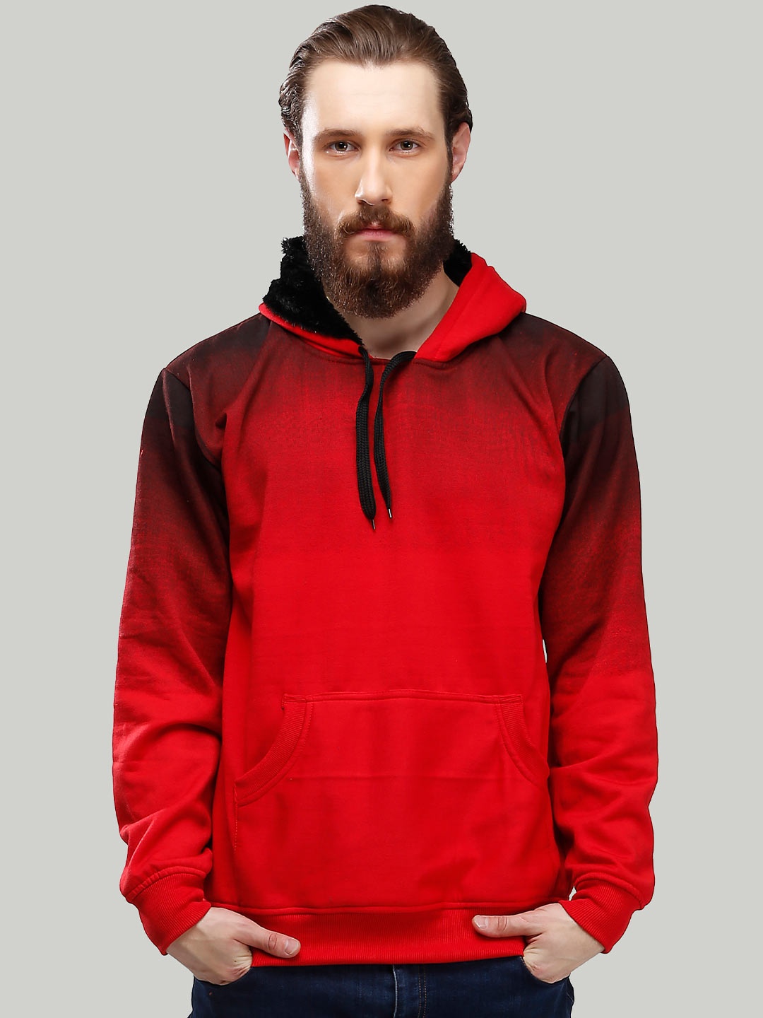 

ahhaaaa Men Red & Black Solid Hooded Sweatshirt