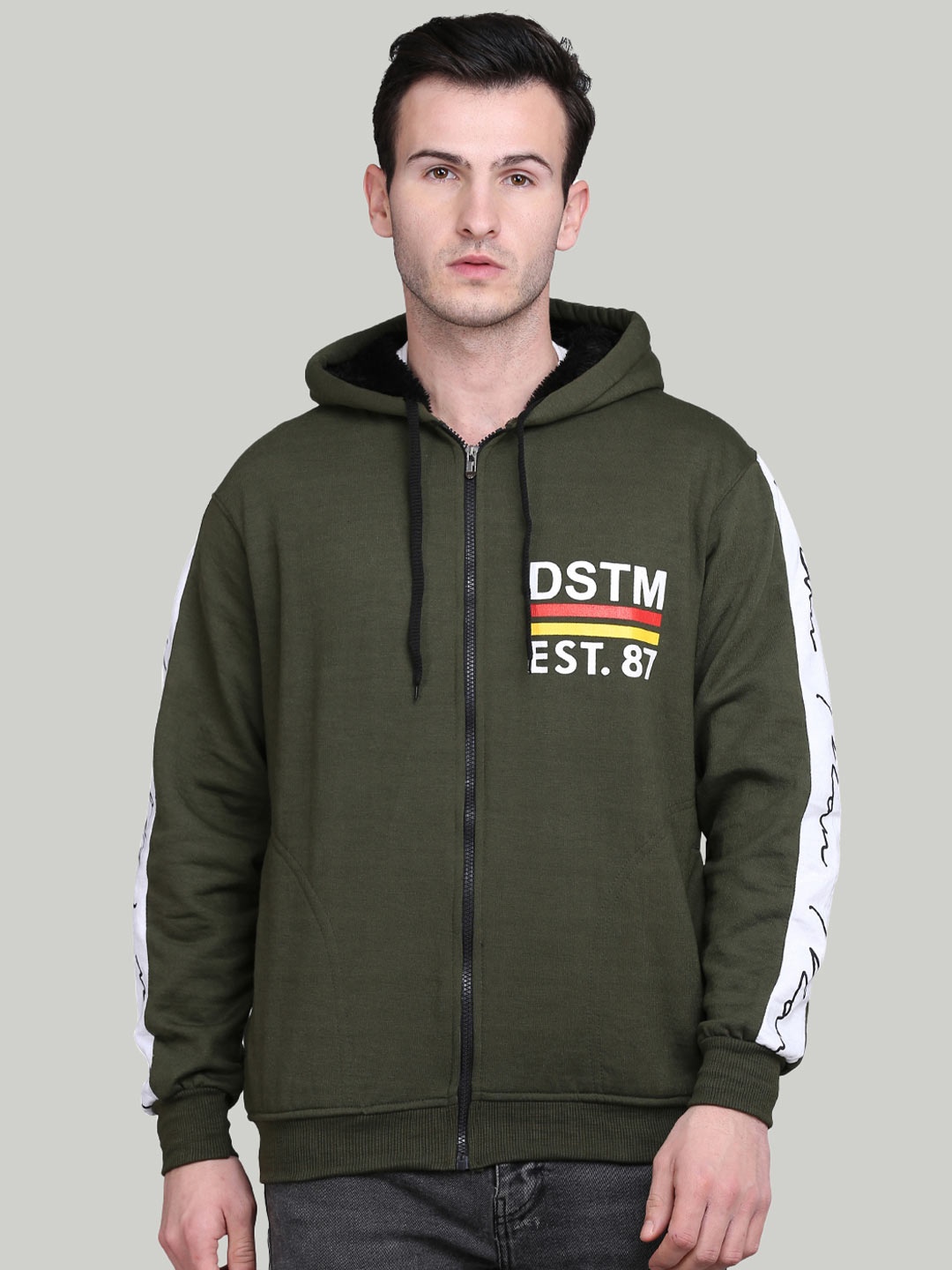 

ahhaaaa Men Olive Green Printed Cotton Hooded Sweatshirt