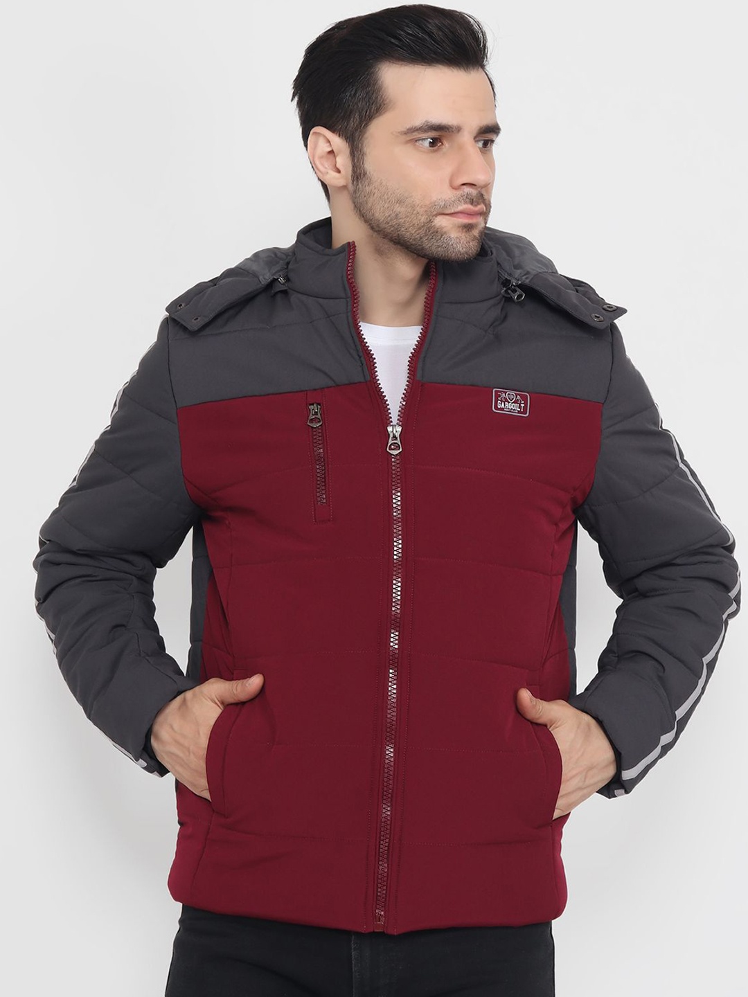 

Xohy Men Maroon & Grey Colourblocked Insulator Puffer Jacket